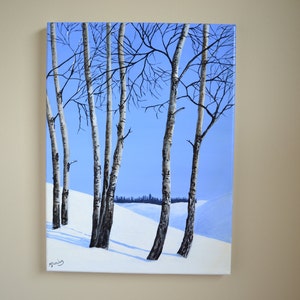 VENTA Álamos en la nieve, pintura acrílica original de paisaje invernal, escena de invierno, escena de nieve, pintura navideña