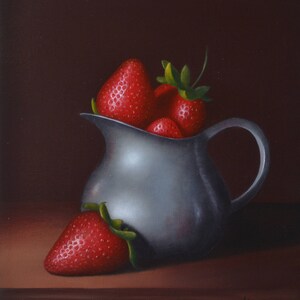 Red strawberry painting, small still life painting, fruit painting, tiny kitchen artwork, berry miniature, strawberries, silver cup