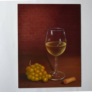 Original 9x12&#39; acrylic small still life painting, white wine, glass, wine cork, grapes, realistic kitchen artwork, food, miniature, fruit
