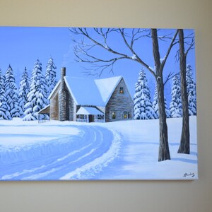 Sweet Home, original acrylic winter painting, winter scene, snow scene, Christmas painting, landscape