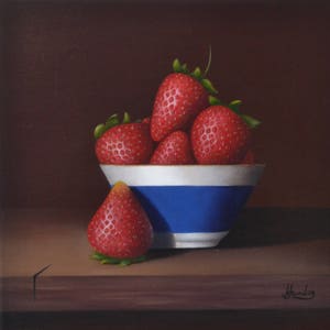 Original 10x10&#39; small still life painting, red strawberry, kitchen artwork, fruit miniature, tiny, food, bowl, berries, acrylic, realistic