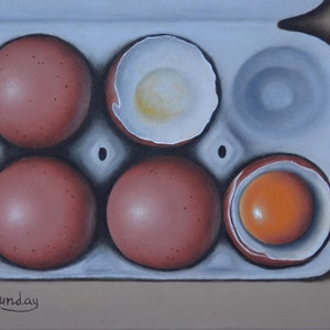 Bruine eieren, karton, klein stillevenschilderij, miniatuur, voedsel, keuken, realistisch, ei, boerderij, kip, acryl, klein