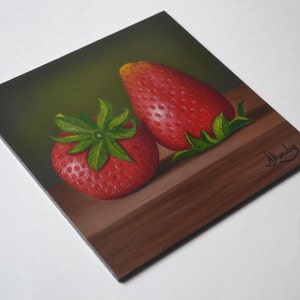 Acrylic red strawberry painting, fruit painting, kitchen art, tiny food painting, small still life painting, berry artwork, miniature