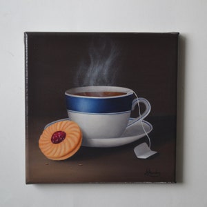 Original acrylic small still life painting, cookie, kitchen painting, tea mug art, teacup artwork, food painting, tea miniature, desert