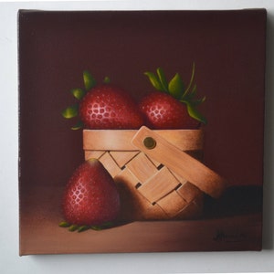 Acrylic red strawberry painting, strawberries, tiny kitchen, miniature, original fruit artwork, small still life painting, basket