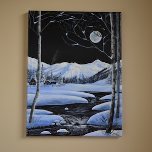 Pintura acrílica original de la noche de invierno, escena de invierno, escena de nieve, pintura navideña, pintura de álamos, arte de álamo temblón, pintura de nieve
