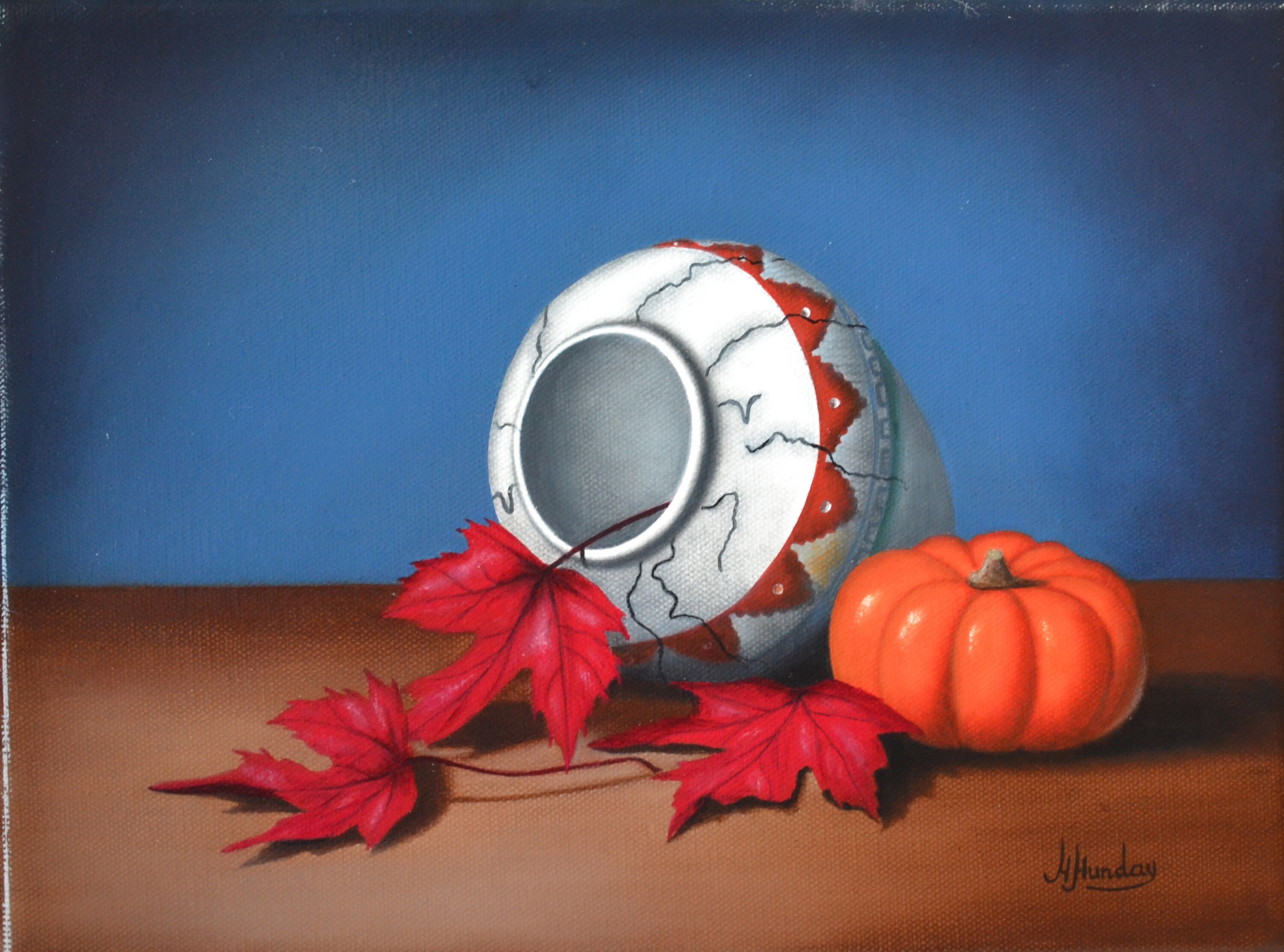 Original Acrylbild: Stillleben mit Kürbis, Ahornblätter, keltische Vase
