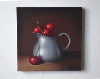 Original acrylic small still life painting, red cherry, tiny kitchen artwork, cherries, fruit art, food miniature, silver cup, creamer