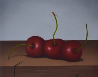 Original rote Kirschen Acrylgemälde: Kleines Stillleben