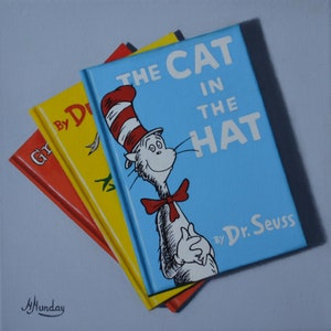 Original Acryl Bücher Malerei, Kinderbuch, Dr. Seuss, kleines Stillleben, Miniatur, kleine Kunstwerk, mini, Bücherstapel, Kinder, Cartoon