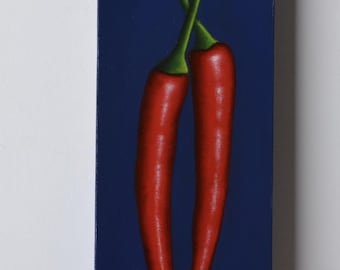 Original Red Chilli Pepper Painting: Small Kitchen Still Life Art