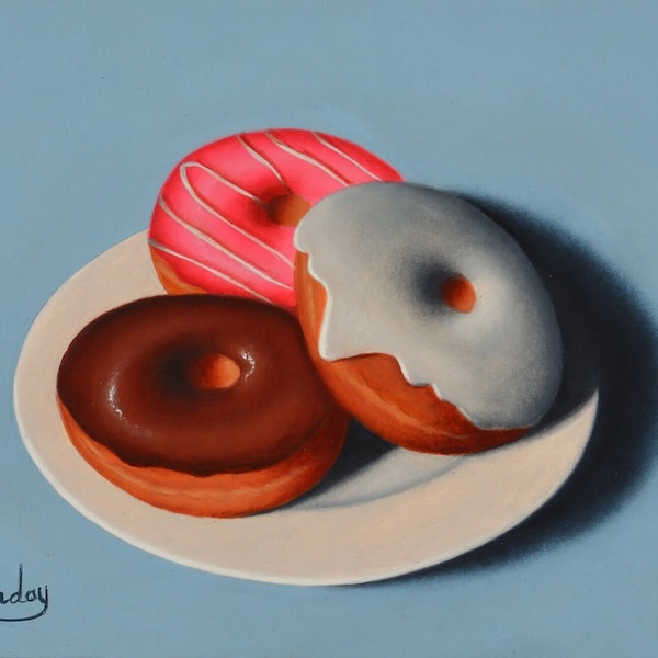 Pile of donuts, chocolate, small still life painting, miniature, food, kitchen, realistic, chicken, acrylic, tiny, pastry, sweets, desert
