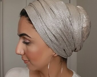 Ready  Wear Slip-On Head-wrap - Soft Textured Sheer Subtle Silver - Party Wear