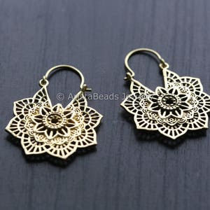 Mandala Brass Earrings, Tribal hoops, Spiral Hoops, Ethnic earrings, tribal hoops, Half moon earrings, Bohemian jewelry- hippie earrings