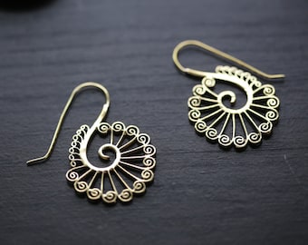 Tribal Brass Peacock Hoop Earrings, Spiral Dance