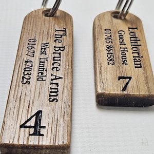Personalised Oak Key Fob Keyring, Custom Made Wooden Engraved Door Chain, Hotel Guesthouse Room Key Hook Holder, Business Company QR Code