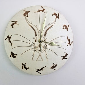 The Smiling Hare Light Wood Wall Clock, Hare Wall Clock, Hare Picture, Rustic Clock, Wooden Clock, Wooden Hae. Hare Gift, Hare Design Clock