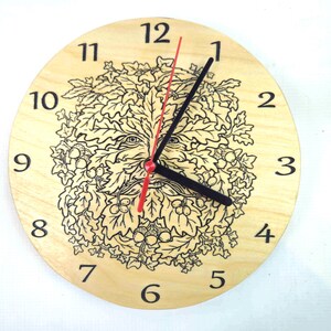 Green Man Wooden Engraved Wall Clock, Greenman Face Hanging Time Piece, Battery Powered Pagen Kitchen Room Clock