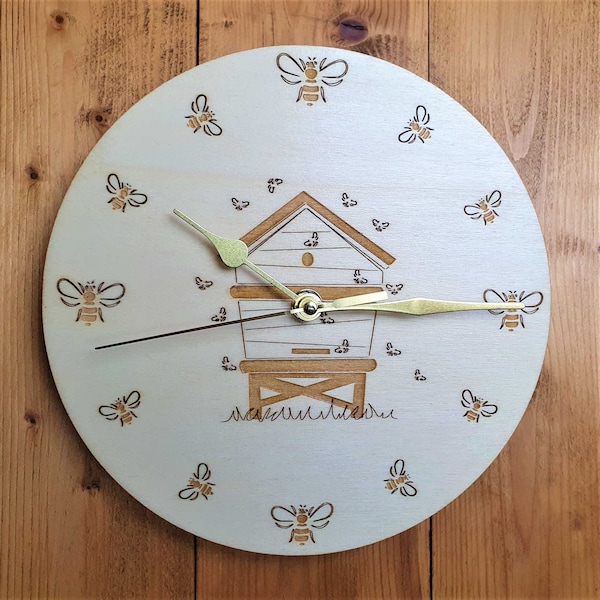 Horloge murale de ruche d’abeilles, horloge d’abeilles mellifères, horloge en bois de peuplier, apiculture, cadeau d’apiculteur, décor de ferme, image d’abeille, ruche d’abeilles traditionnelle