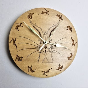 The Smiling Hare Dark Wood Wall Clock, Hare Wall Clock, Hare Picture, Rustic Clock, Wooden Clock, Wooden Hae. Hare Gift, Hare Design Clock