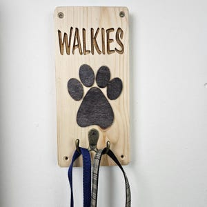 Walkies Dog Lead Wooden Double Hook, Engraved Pet Leash Hanging Wood Twin Wood Wall Hooks, Animal Paw Print Halter Mountable Boot Room Tidy