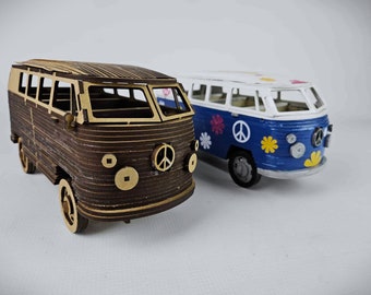 Klassisches Campermodell, Camperbusmodell, Modellbausatz, 3D-Modell, Holzmodell, 3D-Modell, Campergeschenk, Busgeschenk, Wohnmobil.
