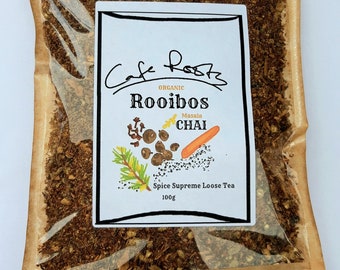 ROOIBOS CHAI TEA Organic. 100g Loose spiced Herbal Masala tea. Fresh aromatic warm drink. Naturally Delicious!