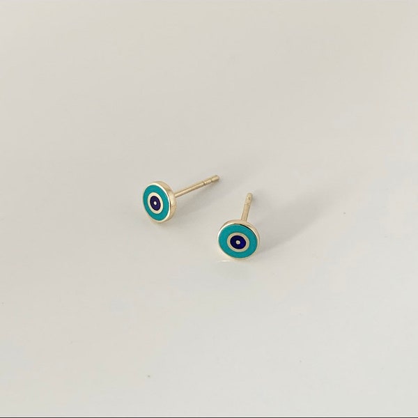 14k Solid Gold Mini Evil Eye Enamel Stud Earrings in Turquoise Enamel | Dainty Evil Eye Earrings, 14k gold earring,  Small Eye, Gold Earring