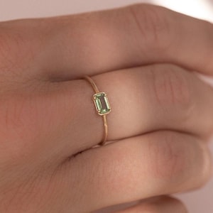 14k Green Tourmaline Ring, Gold Ring, Baguette Cut Ring,Solid Gold Gemstone Ring, Octagonal Ring, Genuine Tourmaline | Modern Stacking Ring