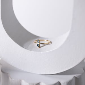 14k Gold Baguette Blue Topaz Ring: Dainty Gemstone Ring