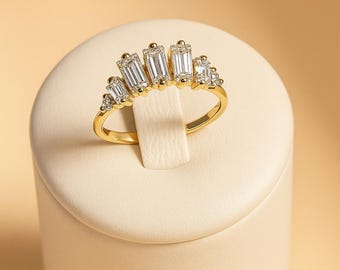 14k Gold Baguette Diamond Cluster Ring: Modern Stacking Ring