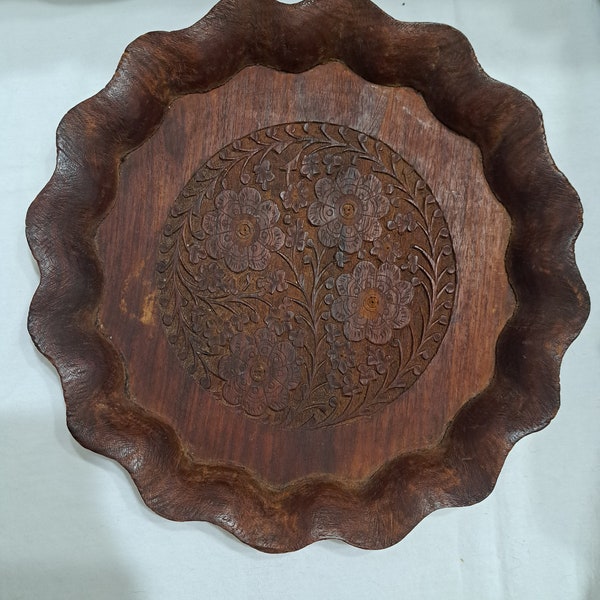 Vtg. Ornately Hand Carved (Possibly Mahogany)  Wooden Plate From India( B24)