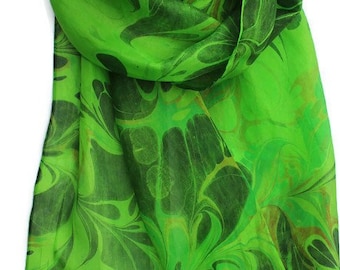 Green silk marbled scarf for women