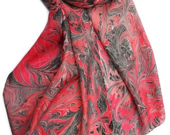 Marbled silk scarf, red, black and white large scarf.