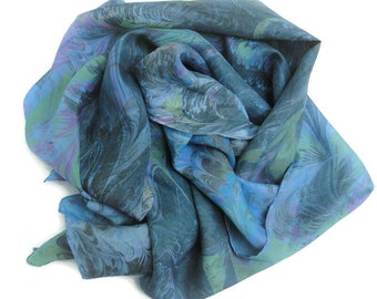 Marbled silk scarf in denim blue, pink, black, yellow, women's silk scarf, gift