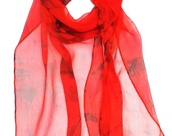 Red silk scarf marbled with black, sheer chiffon scarf, women's gift