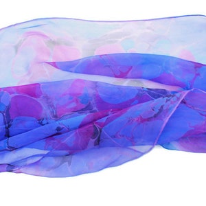 Blue/violet and fuchsia marbled silk scarf, sheer chiffon scarf, women's gift, extra large scarf image 7