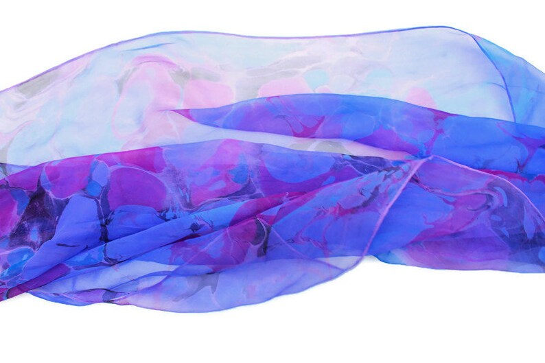 Blue/violet and fuchsia marbled silk scarf, sheer chiffon scarf, women's gift, extra large scarf image 7