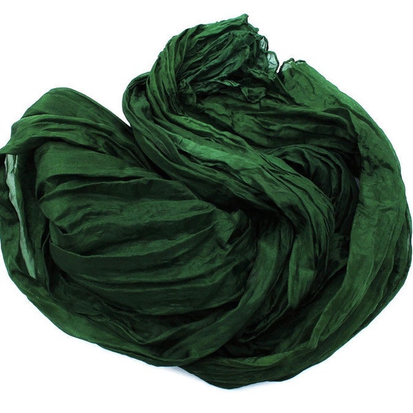 Forest green silk scarf, feather light, large size crinkle scarf, hand dyed.