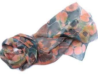 Marbled silk scarf, blue, orange, green and beige, marbled in a stone pattern, one of a kind hand made