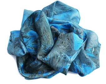 Marbled silk scarf in denim blue and black, women's silk scarf, posh gift