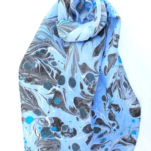 Blue Marbled Silk Scarf: Habotai Silk, Handcrafted Design