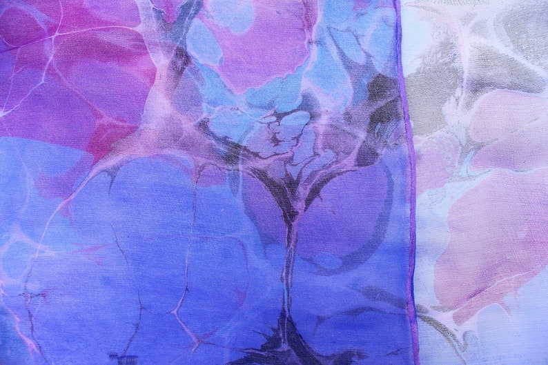 Blue/violet and fuchsia marbled silk scarf, sheer chiffon scarf, women's gift, extra large scarf image 3