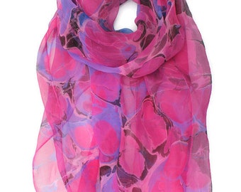 Fuchsia colour marbled silk scarf, sheer chiffon scarf, women's gift
