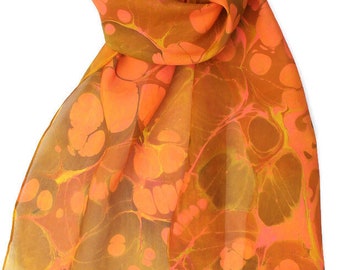 Marbled gold ochre, yellow, orange and pink silk scarf, hair scarf or neck scarf.