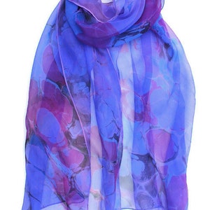 Blue/violet and fuchsia marbled silk scarf, sheer chiffon scarf, women's gift, extra large scarf image 1