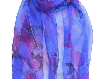 Blue/violet and fuchsia marbled silk scarf, sheer chiffon scarf, women's gift, extra large scarf