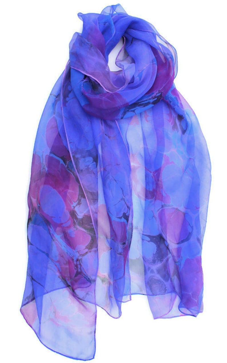 Blue/violet and fuchsia marbled silk scarf, sheer chiffon scarf, women's gift, extra large scarf image 1