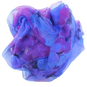 Blue/violet and fuchsia marbled silk scarf, sheer chiffon scarf, women's gift, extra large scarf image 4