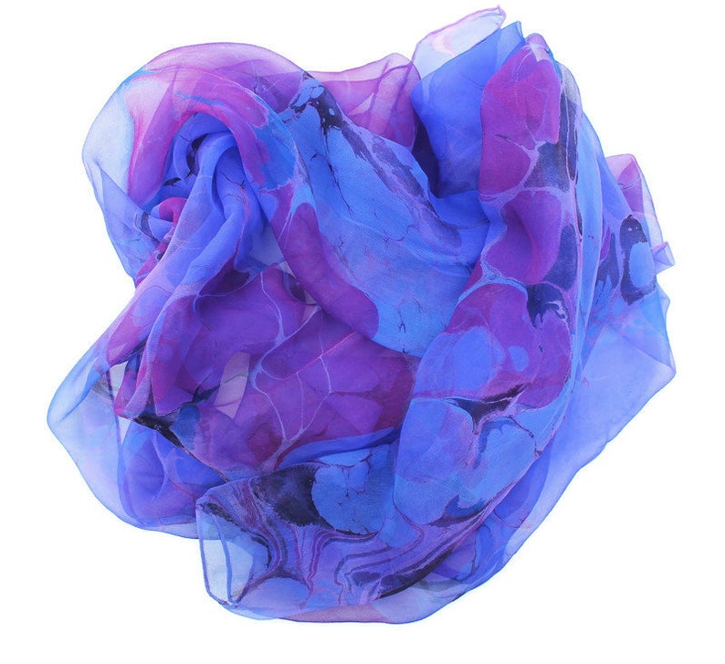 Blue/violet and fuchsia marbled silk scarf, sheer chiffon scarf, women's gift, extra large scarf image 4